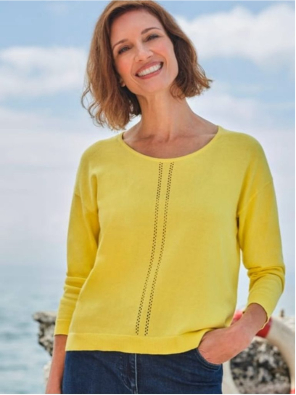 WoolOvers Relaxed Scoop Neck Knit Top S Sunshine Yellow Cotton Cashmere *Spots